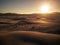 Aerial scenic landscape of sandy desert with dunes and sunset at the horizon -sun in background and beauty of the outdoors nature