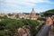 Aerial scenic view of Colosseum, Roman Forum in Rome and church