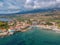 Aerial scenic view over the seaside village Agios Nikolaos and the picturesque old port near Kardamyli  Peloponnese