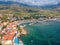 Aerial scenic view over the seaside village Agios Nikolaos and the picturesque old port near Kardamyli  Peloponnese