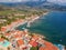 Aerial scenic view over the seaside village Agios Nikolaos and the picturesque old port near Kardamyli  Peloponnese