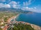 Aerial scenic view over the seaside village Agios Nikolaos and the picturesque old port near Kardamyli  Peloponnese