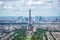 Aerial scenic view of Paris with the Eiffel tower and la Defense business district skyline, France