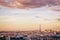 Aerial scenic view of Paris with the Eiffel tower at sunset, Montmartre in the background, France city travel concept