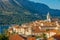 AERIAL: Scenic vista of the ancient rooftops of Korcula and the Adriatic sea.