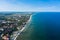 Aerial: Seacoast of the resort town of Zelenogradsk