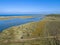 Aerial seascape, in Ria Formosa wetlands park, Portugal.