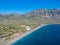 Aerial seaside view over seaside city of Kalamata, Greece at sunset