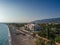 Aerial seaside view over seaside city of Kalamata, Greece at sunset