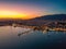 Aerial seaside view over seaside city of Kalamata, Greece at sunset