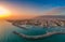 Aerial seaside view over seaside city of Kalamata, Greece at sunset