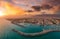 Aerial seaside view over seaside city of Kalamata, Greece at sunset