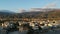 Aerial seaside view over seaside city of Kalamata, Greece at sunset