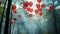 Aerial Serenity: Red Balloons Soaring in the Blue Sky Above a Blurry Forest