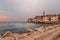 Aerial shoot of Old town Rovinj at sunset,