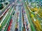 Aerial shoot of railway tracks with lots of wagons