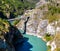 Aerial shoot of winding Kawarau River and two overhead bridges on a sunny summer day