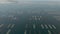 Aerial shooting of seafood oyster farms near Sete city on lake Etang de Thau