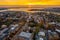 Aerial shot of Annapolis harbor, Chesapeake Bay and Maryland Capitol building at sunset.