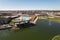 Aerial shot of the Arizona fountain park with swimming pool and new homes