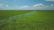 Aerial shot of automated irrigation system on agricultural field