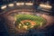 An aerial shot of a baseball stadium during a game, with the field illuminated by stadium lights, players in action, and fans