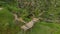 Aerial shot of a beautiful young woman in a blue dress that visits famous Tegalalang Rice Terraces in Ubud village on