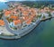 Aerial shot of buildings near the water in Galicia, Spain