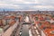 Aerial shot of the canals and brick buildings of Copenhagen in Denmark