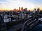 Aerial shot of the city of Minneapolis by the river Mississippi at sunset in the United States.