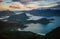 Aerial shot of a coastal landcape and islands in Lofoten, Norway