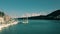 Aerial shot of docked sailing boats and the Kioni Bay. Ithaca Island, Greece