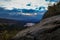 Aerial shot of the Donner Summit mountain pass in California during the sunset