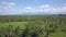 Aerial shot with drone flying above beautiful jungle with mountains and Agung volcano in the horizon under a blue sky