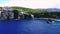 Aerial shot, drone point of view picturesque landscape, volcanic rocky mountains and Atlantic Ocean View at sunny summer day. San