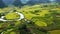 Aerial shot of farmland agriculture and river, Chinese rural scenery, panning