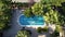 Aerial shot of a female swimming in the pool of a private villa in Barcelona