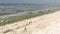 Aerial shot Flying by African Kids Collecting walking by the Beach in Jambiani, famous place with Sea weed plantation in