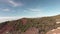 Aerial shot. Flying on a sunny, clear day over volumetric texture thunderstorm clouds. Below forests of green coniferous