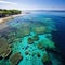 An aerial shot of a group of divers swimming in crystal clear water