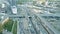 Aerial shot of heavy traffic jam on the car road flyover in the evening rush hour