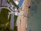 Aerial shot of industrial buildings near the sea in Bowleaze Cove, Weymouth, Dorset