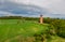 Aerial shot of lookout tower in Hlina village, czech republic. Wooden building has name of