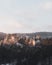 Aerial shot of the Mala Skala castle in Czechia at sunrise