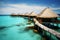 Aerial shot Maldives lavish water villas resort, wooden pier, neural network