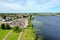 Aerial shot of marieberg district close to mariebergsskogen, vanern lake and marieberg marina in Karlstad, Sweden