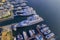 Aerial shot of the Newport Harbor in Rhode Island with ducked boats