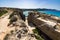 Aerial shot of old tuff quarries near Cala Rossa bay in Favignana, Aegadian Islands, Sicily