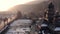 Aerial shot of old wooden building of the Holy Prophet Elijah Monastery in the Carpathian village of Yaremche in Ukraine