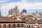 Aerial shot of orange roofs of the buildings in Madrid